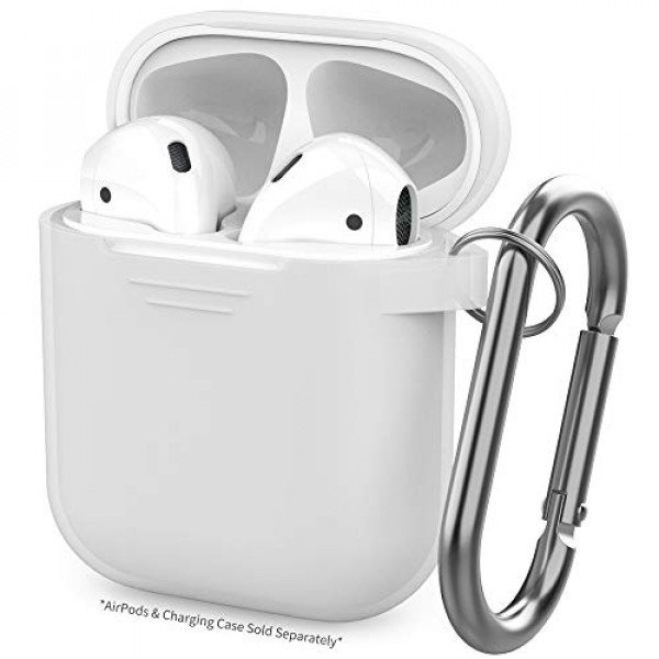 Wholesale Apple Airpods Charging Case Protective Silicone Cover Skin with Hang Hook Clip (White)